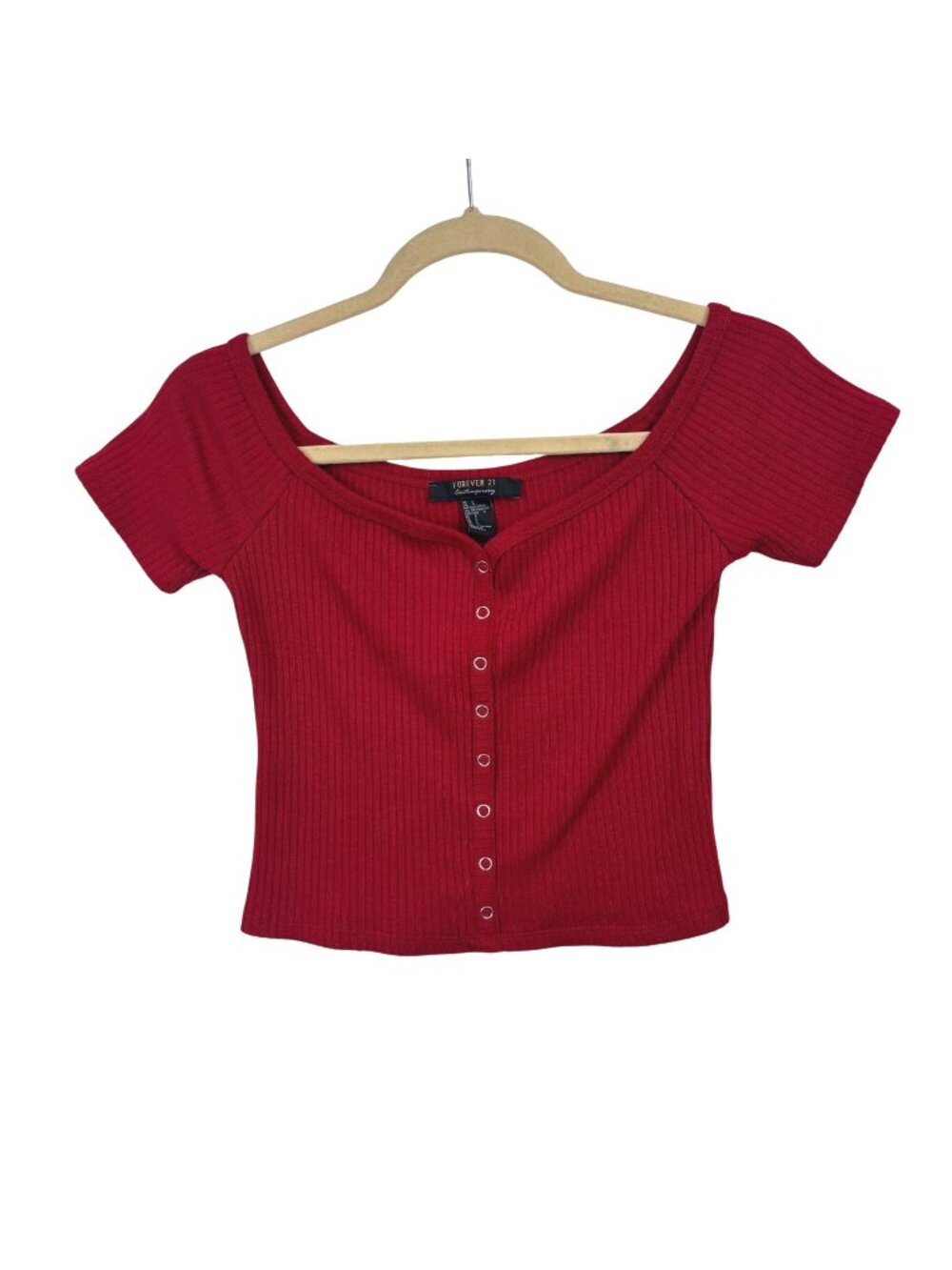 ✨3/$30 Forever 21 L Red Ribbed Short Sleeve Snap Button Top